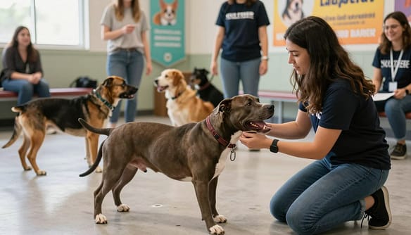 A heartwarming scene at a dog rescue facility focusing on a pit bull undergoing a temperament test. In the foreground, a friendly pit bull with a shiny coat is playfully engaging with a volunteer, showing its affectionate nature. The volunteer, dressed in modest casual clothing, kneels beside the dog, exhibiting a gentle and caring demeanor. In the middle ground, other dogs of various breeds are seen interacting with potential adopters, creating a lively atmosphere. The background features colorful banners promoting adoption, with soft natural lighting coming from a nearby window, casting a warm glow over the scene. The overall mood is optimistic and inviting, highlighting the joy of connecting great dogs with loving homes. A heartwarming scene at a dog rescue facility focusing on a pit bull undergoing a temperament test. In the foreground, a friendly pit bull with a shiny coat is playfully engaging with a volunteer, showing its affectionate nature. The volunteer, dressed in modest casual clothing, kneels beside the dog, exhibiting a gentle and caring demeanor. In the middle ground, other dogs of various breeds are seen interacting with potential adopters, creating a lively atmosphere. The background features colorful banners promoting adoption, with soft natural lighting coming from a nearby window, casting a warm glow over the scene. The overall mood is optimistic and inviting, highlighting the joy of connecting great dogs with loving homes.