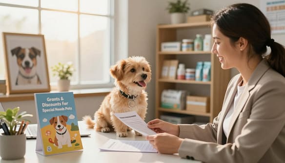 A heartwarming scene depicting a cozy, inviting office space dedicated to special needs pet adoption financial aid. In the foreground, a friendly, empathetic woman in professional attire, sitting at a desk, is reviewing pet adoption applications alongside a colorful brochure titled "Grants & Discounts for Special Needs Pets." The middle ground features an adorable special needs dog with a playful demeanor, sitting beside the desk, and a framed picture of happy adopted pets on the wall. The background showcases shelves filled with pet care supplies and a large window letting in soft, warm, golden light, creating a welcoming and hopeful atmosphere. The image captures the essence of support, compassion, and community, emphasizing the joy of helping special needs pets find loving homes. A heartwarming scene depicting a cozy, inviting office space dedicated to special needs pet adoption financial aid. In the foreground, a friendly, empathetic woman in professional attire, sitting at a desk, is reviewing pet adoption applications alongside a colorful brochure titled "Grants & Discounts for Special Needs Pets." The middle ground features an adorable special needs dog with a playful demeanor, sitting beside the desk, and a framed picture of happy adopted pets on the wall. The background showcases shelves filled with pet care supplies and a large window letting in soft, warm, golden light, creating a welcoming and hopeful atmosphere. The image captures the essence of support, compassion, and community, emphasizing the joy of helping special needs pets find loving homes.