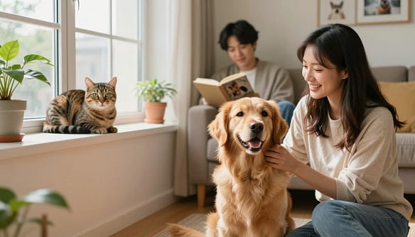 A heartwarming scene showcasing a “before and after” story of two rescued shelter pets and their proud adopters in a cozy living room. In the foreground, a joyful dog, a golden retriever mix with a shiny coat, sits happily beside its smiling owner in casual attire, who offers gentle affection. In the middle ground, a playful cat, a tabby with bright green eyes, curls up contentedly in a sunny window spot next to a relaxed adopter reading a book, dressed in comfortable clothing. The background features a warm, inviting interior with soft lighting, accentuated by houseplants and framed pet photos, creating an atmosphere of love and transformation. The overall mood is uplifting and reassuring, celebrating the bond between pets and their new families.