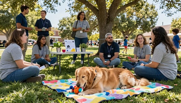 A therapy dog enjoying a well-deserved break during a community outreach event in a sunny park. In the foreground, the friendly therapy dog, a golden retriever, is lying on a colorful blanket, chewing on a toy. Surrounding the dog, a diverse group of volunteers and community members engage in light conversations, dressed in modest casual clothing. In the middle ground, a small table with informational brochures about pet adoption and wellness is set up, featuring plants and decorations to create a welcoming atmosphere. In the background, trees provide shade, and children play, all under a clear blue sky. The scene exudes warmth, hope, and connection, illuminated by soft, natural light, conveying a sense of community and joy.