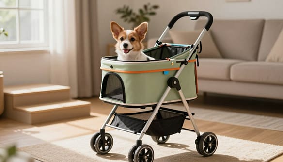 A thoughtfully designed pet mobility cart, featuring a lightweight frame and sturdy wheels, is positioned prominently in the foreground. The cart is adorned with vibrant colors and soft padding for comfort, illustrating its adaptability for special-needs pets. In the middle ground, a cheerful scene unfolds with a small dog comfortably seated in the cart, its ears perked up, showcasing its joy and mobility. The background includes a cozy living room setting with ramps and gentle sound cues like chimes, emphasizing a supportive environment for differently-abled pets. Soft, warm lighting cascades from a nearby window, casting gentle shadows and creating an inviting atmosphere. The camera angle is slightly elevated, enhancing the focus on both the mobility cart and the happy pet, capturing a sense of hope and resilience. A thoughtfully designed pet mobility cart, featuring a lightweight frame and sturdy wheels, is positioned prominently in the foreground. The cart is adorned with vibrant colors and soft padding for comfort, illustrating its adaptability for special-needs pets. In the middle ground, a cheerful scene unfolds with a small dog comfortably seated in the cart, its ears perked up, showcasing its joy and mobility. The background includes a cozy living room setting with ramps and gentle sound cues like chimes, emphasizing a supportive environment for differently-abled pets. Soft, warm lighting cascades from a nearby window, casting gentle shadows and creating an inviting atmosphere. The camera angle is slightly elevated, enhancing the focus on both the mobility cart and the happy pet, capturing a sense of hope and resilience.