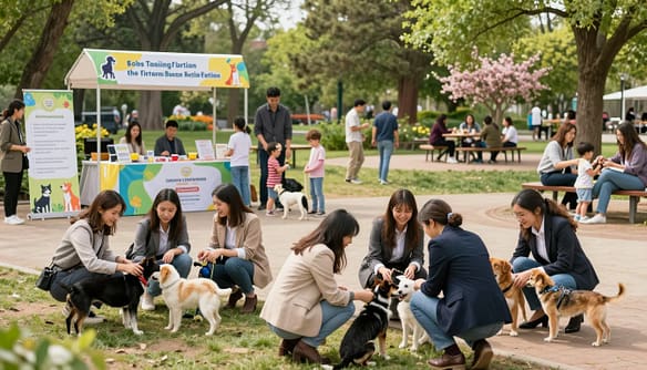 A vibrant community outreach pet adoption program scene in a spacious, sunny outdoor park. In the foreground, a group of diverse, professionally dressed individuals (young adults of various ethnicities) attentively interact with a variety of adoptable pets, such as dogs and cats, showcasing warmth and enthusiasm. In the middle ground, an information booth with colorful banners displays the program's details, surrounded by happy families and children playing with pets. The background features green trees, blooming flowers, and picnic tables where people gather, creating a lively atmosphere. Use soft, natural lighting to evoke a cheerful, welcoming mood, with a slightly elevated perspective to capture the entire scene effectively. The overall composition should reflect community spirit, joy, and responsible pet adoption without any text overlays or watermarks. A vibrant community outreach pet adoption program scene in a spacious, sunny outdoor park. In the foreground, a group of diverse, professionally dressed individuals (young adults of various ethnicities) attentively interact with a variety of adoptable pets, such as dogs and cats, showcasing warmth and enthusiasm. In the middle ground, an information booth with colorful banners displays the program's details, surrounded by happy families and children playing with pets. The background features green trees, blooming flowers, and picnic tables where people gather, creating a lively atmosphere. Use soft, natural lighting to evoke a cheerful, welcoming mood, with a slightly elevated perspective to capture the entire scene effectively. The overall composition should reflect community spirit, joy, and responsible pet adoption without any text overlays or watermarks.