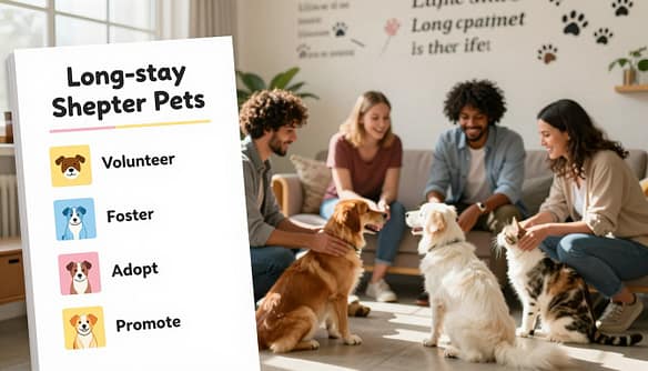 A visually engaging checklist for helping long-stay shelter pets, placed prominently in the foreground. The checklist features illustrated icons for tasks like "Volunteer," "Foster," "Adopt," and "Promote," each elegantly designed and colorful. In the middle ground, a heartwarming scene of diverse individuals—men and women of different ethnic backgrounds—engaging with various long-stay pets, such as dogs and cats, showcasing their bonds through gentle interactions. Sunlight filters through a cozy shelter environment, creating a warm and inviting atmosphere. In the background, a welcoming shelter setting with paw prints and motivational quotes on the walls, adding depth and context. The overall mood is hopeful and inspiring, emphasizing the joy of helping these deserving pets. A visually engaging checklist for helping long-stay shelter pets, placed prominently in the foreground. The checklist features illustrated icons for tasks like "Volunteer," "Foster," "Adopt," and "Promote," each elegantly designed and colorful. In the middle ground, a heartwarming scene of diverse individuals—men and women of different ethnic backgrounds—engaging with various long-stay pets, such as dogs and cats, showcasing their bonds through gentle interactions. Sunlight filters through a cozy shelter environment, creating a warm and inviting atmosphere. In the background, a welcoming shelter setting with paw prints and motivational quotes on the walls, adding depth and context. The overall mood is hopeful and inspiring, emphasizing the joy of helping these deserving pets.