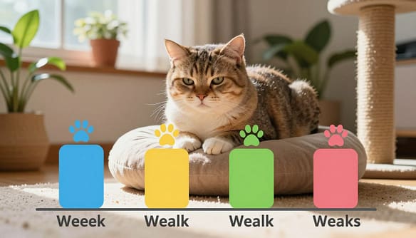 A visually engaging weekly progress chart featuring an under-socialized cat. In the foreground, depict a series of colorful bars illustrating the cat's emotional growth over four weeks, each bar accompanied by paw print icons. The middle layer showcases a timid cat with soft fur, perched on a cozy cushion, displaying a gradual transition from a fearful expression to a more relaxed demeanor as the weeks progress. In the background, create a warm, inviting living room scene with gentle sunlight filtering through a window, highlighting a few potted plants and a scratching post, conveying a nurturing environment. The overall mood should be optimistic and heartwarming, capturing the essence of transformation and the loving relationship between pet and owner.