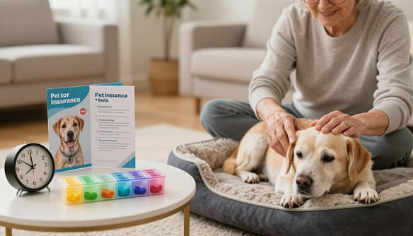 A warm, inviting indoor setting showing an older adult in modest casual clothing, gently interacting with a senior dog resting on a comfortable pet bed. In the foreground, a vibrant pet pill organizer sits on a nearby side table, with a clock reminding about medication time. In the middle ground, there's a detailed pet insurance brochure opened, showcasing options for senior pets. The background features a softly lit living room with safety features like non-slip rugs, and gentle lighting creating a cozy atmosphere. The scene conveys a sense of care, safety, and companionship, emphasizing the bond between seniors and their senior pets. The overall mood is heartwarming and reassuring, highlighting the importance of health and safety in pet ownership. A warm, inviting indoor setting showing an older adult in modest casual clothing, gently interacting with a senior dog resting on a comfortable pet bed. In the foreground, a vibrant pet pill organizer sits on a nearby side table, with a clock reminding about medication time. In the middle ground, there's a detailed pet insurance brochure opened, showcasing options for senior pets. The background features a softly lit living room with safety features like non-slip rugs, and gentle lighting creating a cozy atmosphere. The scene conveys a sense of care, safety, and companionship, emphasizing the bond between seniors and their senior pets. The overall mood is heartwarming and reassuring, highlighting the importance of health and safety in pet ownership.