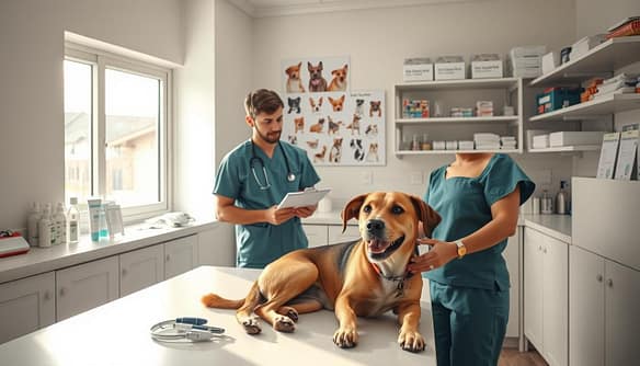 A bright and clean veterinary medical exam and vaccination room, designed for breed-specific screenings. In the foreground, a professional veterinarian in scrubs examines a friendly dog on the table, while a veterinary assistant records information on a clipboard. In the middle, various tools and medical equipment are neatly organized on a countertop, and a poster of different dog breeds is visible on the wall, showcasing health guidelines. The background features shelves stocked with vaccination supplies and medical literature about animal care. Soft, natural lighting streams through a window, creating a welcoming atmosphere. The angle captures both the exam table and the surrounding space, emphasizing professionalism and a caring environment.