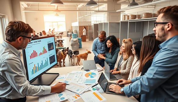 A bustling community shelter setting showcasing a vibrant data analysis scene. In the foreground, a diverse group of researchers in professional business attire, intensely viewing a large digital screen displaying colorful graphs and statistics related to shelter intake trends and breed data. The middle ground features a well-organized workspace with charts, laptops, and papers strewn about, reflecting collaboration and focus. In the background, bright and inviting shelter areas with happy animals, possibly dogs and cats, creating a warm atmosphere. Soft natural lighting filters in through large windows, highlighting the energetic yet serious tone of the scene. The overall mood is one of inquiry and dedication to improving animal welfare through data access. A bustling community shelter setting showcasing a vibrant data analysis scene. In the foreground, a diverse group of researchers in professional business attire, intensely viewing a large digital screen displaying colorful graphs and statistics related to shelter intake trends and breed data. The middle ground features a well-organized workspace with charts, laptops, and papers strewn about, reflecting collaboration and focus. In the background, bright and inviting shelter areas with happy animals, possibly dogs and cats, creating a warm atmosphere. Soft natural lighting filters in through large windows, highlighting the energetic yet serious tone of the scene. The overall mood is one of inquiry and dedication to improving animal welfare through data access.