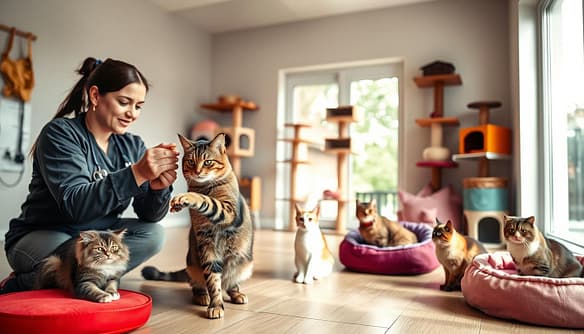 A cozy and inviting veterinary clinic room, featuring a cat socialization assessment in process. In the foreground, a professional, gently interacting with a playful tabby cat, offering treats and toys. The middle ground showcases a few other cats of varying breeds—a Siamese, a Maine Coon, and a Ragdoll—curiously observing the scene while comfortably seated in colorful, cozy resting spots. In the background, soft, natural light streams through large windows, illuminating a well-organized space adorned with cat trees and cozy nooks. The atmosphere is warm and supportive, emphasizing positive interactions and fostering a sense of safety for the cats. Ideal lighting and composition give a serene feel, maintaining focus on the assessment activity without any distractions.