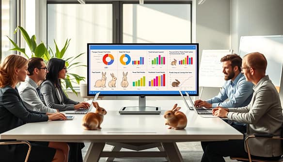 A detailed analysis scene illustrating rabbit rescue outcome data. In the foreground, a diverse group of individuals in professional business attire sit around a sleek conference table, examining colorful charts and graphs on laptops. The middle layer features a large monitor displaying pie charts and bar graphs representing rabbit rescue statistics, with playful rabbit illustrations beside them. In the background, a bright, airy office environment with soft natural light streaming through large windows, showcasing green plants and a whiteboard showcasing key points of the analysis. The mood is optimistic and collaborative, conveying a sense of purpose and teamwork in the effort to improve outcomes for rescued rabbits. A detailed analysis scene illustrating rabbit rescue outcome data. In the foreground, a diverse group of individuals in professional business attire sit around a sleek conference table, examining colorful charts and graphs on laptops. The middle layer features a large monitor displaying pie charts and bar graphs representing rabbit rescue statistics, with playful rabbit illustrations beside them. In the background, a bright, airy office environment with soft natural light streaming through large windows, showcasing green plants and a whiteboard showcasing key points of the analysis. The mood is optimistic and collaborative, conveying a sense of purpose and teamwork in the effort to improve outcomes for rescued rabbits.