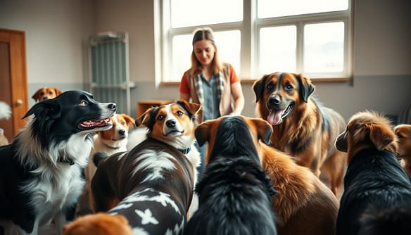 A group of diverse dogs, including a herding Border Collie, a terrier mix, and a majestic guardian breed, are gathered together in a rehabilitation center. The foreground features the dogs interacting cautiously, displaying a range of emotions from fear to curiosity. In the middle ground, a professional trainer is gently encouraging them, wearing modest casual clothing, using positive reinforcement techniques. The background shows a welcoming training room with soft natural light filtering through large windows, creating a warm, supportive atmosphere. The overall mood is one of hope and transformation, illustrating the journey from fear to socialization within a rehabilitation program. The scene is captured with a slightly blurred depth of field, focusing on the dogs and the trainer while softly fading the background details to enhance the emotional connection.