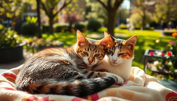 A heartwarming scene of two community cats, a tabby and a calico, nestled together in a cozy urban setting. In the foreground, the bonded pair is curled up on a soft, colorful blanket, showing affection by gently grooming each other. The middle layer features a charming backdrop of a sunny park with green grass and blooming flowers, capturing the essence of a vibrant community. Soft, natural light filters through the leaves, casting warm glows on the cats' fur. The scene conveys a sense of safety and companionship, highlighting the comfort of these rescued animals. The angle is slightly above, allowing for an intimate view of their expressions, focused on their bond, ideal for illustrating the theme of adoption trends in cat care. A heartwarming scene of two community cats, a tabby and a calico, nestled together in a cozy urban setting. In the foreground, the bonded pair is curled up on a soft, colorful blanket, showing affection by gently grooming each other. The middle layer features a charming backdrop of a sunny park with green grass and blooming flowers, capturing the essence of a vibrant community. Soft, natural light filters through the leaves, casting warm glows on the cats' fur. The scene conveys a sense of safety and companionship, highlighting the comfort of these rescued animals. The angle is slightly above, allowing for an intimate view of their expressions, focused on their bond, ideal for illustrating the theme of adoption trends in cat care.