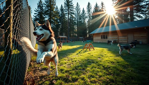 A high-energy scene in a northern breed animal shelter, showcasing vigilant Siberian Huskies and Alaskan Malamutes within their containment area. In the foreground, a playful husky leaps against a chain-link fence, its fur ruffled by a gentle breeze. The middle ground features a spacious, secure enclosure designed to prevent escape, surrounded by sturdy wooden structures and agility training equipment. In the background, sun rays filter through tall conifer trees, casting dappled light over the terrain, creating a vibrant atmosphere. The shelter building is visible, made of natural materials, blending into the natural landscape. The overall mood is energetic yet cautious, reflecting the challenges of containing high-energy breeds in a temperate climate. The image is captured from a dynamic, slightly low angle to accentuate the dogs' vitality and the secure environment they inhabit.
