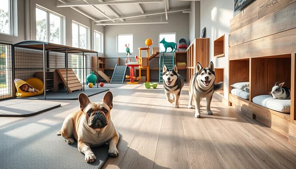 A modern animal shelter scene showcasing distinct housing areas for various species. In the foreground, a spacious area for brachycephalic breeds, featuring cooling mats and shaded lounging spots, with a relaxed French Bulldog enjoying the environment. In the middle ground, a vibrant space for huskies, adorned with enrichment toys and climbing structures, where an eager Siberian Husky plays joyfully. To the side, a cozy rabbit housing area with soft bedding and hidden nooks, housing a curious rabbit peeking out. The background shows large windows allowing natural light to flood in, enhancing the atmosphere of warmth and care. The scene captures the essence of a nurturing, well-organized rescue shelter environment, conveying happiness, activity, and a sense of community for the animals. A modern animal shelter scene showcasing distinct housing areas for various species. In the foreground, a spacious area for brachycephalic breeds, featuring cooling mats and shaded lounging spots, with a relaxed French Bulldog enjoying the environment. In the middle ground, a vibrant space for huskies, adorned with enrichment toys and climbing structures, where an eager Siberian Husky plays joyfully. To the side, a cozy rabbit housing area with soft bedding and hidden nooks, housing a curious rabbit peeking out. The background shows large windows allowing natural light to flood in, enhancing the atmosphere of warmth and care. The scene captures the essence of a nurturing, well-organized rescue shelter environment, conveying happiness, activity, and a sense of community for the animals.