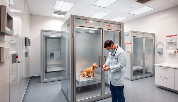 A modern veterinary isolation ward designed specifically for parvo-infected animals, focusing on biosecurity and cleanliness. In the foreground, a veterinarian in a lab coat is examining a puppy in an isolated enclosure with clear walls, maintaining a sterile environment. In the middle ground, several isolation units are visible, each equipped with separate ventilation systems and medical supplies, with strict protocols clearly displayed. The background features a clean, well-lit room with bright, clinical lighting, emphasizing hygiene with surfaces that are easy to disinfect. The atmosphere is calm and serious, showcasing a focus on health and safety in veterinary care. The scene is captured from a slight angle with a wide lens to encompass the entire ward effectively.