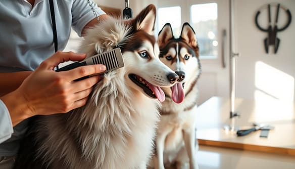 A professional groomer carefully combs the thick, double coat of a Siberian Husky in a sunlit, cozy pet grooming studio. In the foreground, a close-up shows the groomer's hands gently working through the dog's fur, highlighting the lush texture and vibrant colors of the coat. The middle ground features a content Siberian Husky, sitting calmly with its tongue out, showcasing its beautiful blue eyes and proud stance. In the background, neatly organized grooming tools are visible on a polished table, with soft natural light illuminating the scene, creating a warm, inviting atmosphere. The overall mood is peaceful and nurturing, emphasizing the bond between the dog and groomer. The image captures the essence of northern breed dog coat care, ideal for showcasing responsible pet ownership in a caring environment. A professional groomer carefully combs the thick, double coat of a Siberian Husky in a sunlit, cozy pet grooming studio. In the foreground, a close-up shows the groomer's hands gently working through the dog's fur, highlighting the lush texture and vibrant colors of the coat. The middle ground features a content Siberian Husky, sitting calmly with its tongue out, showcasing its beautiful blue eyes and proud stance. In the background, neatly organized grooming tools are visible on a polished table, with soft natural light illuminating the scene, creating a warm, inviting atmosphere. The overall mood is peaceful and nurturing, emphasizing the bond between the dog and groomer. The image captures the essence of northern breed dog coat care, ideal for showcasing responsible pet ownership in a caring environment.