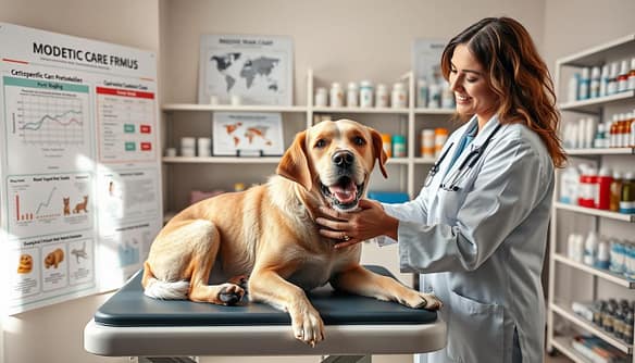 A serene veterinary clinic setting focused on geriatric care for senior dogs and cats. In the foreground, a compassionate veterinarian in professional attire examines a relaxed elderly dog on a treatment table, with gentle hands and a warm smile. The middle ground features medical charts and graphs analyzing cost modeling, depicting breed-specific care protocols with detailed illustrations of common procedures. In the background, shelves are lined with pet medications and care products, bathed in soft, natural lighting that creates a calm and reassuring atmosphere. Use a close-up lens to capture the details, emphasizing the loving interaction between the veterinarian and the animal, while ensuring a tidy and professional environment. The overall mood is one of trust, care, and expertise in geriatric pet health.