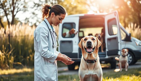 A serene veterinary scene depicting an animal transport health check in progress. In the foreground, a caring veterinarian, dressed in professional attire, gently examines a lively dog, a Labrador Retriever, who appears calm yet curious. In the middle, a transport van is parked, with various breeds of dogs, including a Beagle and a Shar Pei, peering through the open doors, showcasing their anxious expressions. The background features a sunlit urban kennel with tall grass and trees, suggesting a transition from the countryside. Soft, natural light filters through the trees, creating a welcoming and reassuring atmosphere. The focus is clear, with a shallow depth of field bringing attention to the veterinarian and the lead dog, while creating a gentle blur on the transport van and other animals.