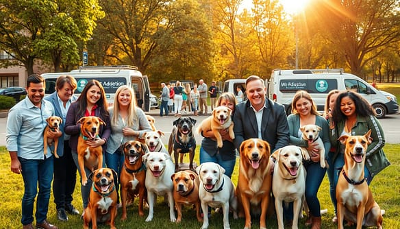 A vibrant and heartwarming scene depicting a successful dog transport and placement rescue outcome. In the foreground, a diverse group of happy families, including individuals dressed in casual yet professional attire, joyfully interacting with dogs of various breeds, showcasing their new companions. In the middle ground, an organized adoption event taking place at a welcoming urban community center, with crates and transport vehicles adorned with rescue logos. The background features a lush park setting, symbolizing new beginnings and freedom, bathed in warm, golden sunlight that highlights joyful expressions. The overall mood is uplifting and hopeful, capturing the essence of successful rescues. The composition should emphasize human-animal connection and community support, with a focus on comfort and love in the atmosphere. A vibrant and heartwarming scene depicting a successful dog transport and placement rescue outcome. In the foreground, a diverse group of happy families, including individuals dressed in casual yet professional attire, joyfully interacting with dogs of various breeds, showcasing their new companions. In the middle ground, an organized adoption event taking place at a welcoming urban community center, with crates and transport vehicles adorned with rescue logos. The background features a lush park setting, symbolizing new beginnings and freedom, bathed in warm, golden sunlight that highlights joyful expressions. The overall mood is uplifting and hopeful, capturing the essence of successful rescues. The composition should emphasize human-animal connection and community support, with a focus on comfort and love in the atmosphere.