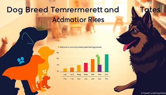A vibrant, informative infographic depicting "Dog Breed Temperament Patterns and Adoption Rates." In the foreground, create a visually appealing layout with silhouettes of various dog breeds—Labrador, Beagle, and German Shepherd—arranged in a curved formation, showcasing their unique temperamental icons (friendly, energetic, protective). The middle ground features a colorful bar chart comparing adoption rates across different breeds, illustrated with distinct colors for each breed group. In the background, a serene community shelter scene with soft, warm lighting to evoke a welcoming atmosphere. Use a high-angle perspective to capture the entire composition harmoniously, emphasizing the connection between breed temperament and successful adoptions. The overall mood should be hopeful and community-focused, reflecting the positive impact of informed adoption choices.