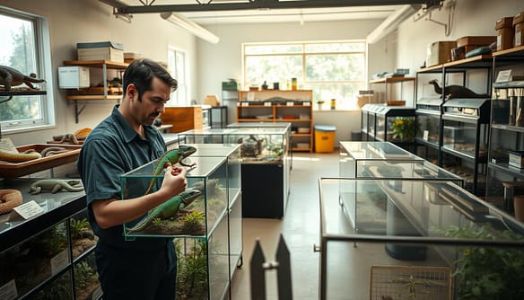 A vibrant reptile rescue quarantine facility, showcasing various enclosures with diverse exotic reptiles such as snakes, lizards, and turtles. In the foreground, a caretaker in professional casual clothing carefully inspects a transparent enclosure housing a colorful chameleon. The middle ground features organized enclosures with detailed labels and plants for a natural habitat. The background displays shelves stocked with supplies, vivariums, and sunlight filtering through a large window, creating a warm atmosphere. Soft, diffused lighting enhances the scene, emphasizing the care and attention given to the reptiles. The overall mood is one of compassion and professionalism, showcasing the importance of intake and quarantine protocols in exotic animal rescue.