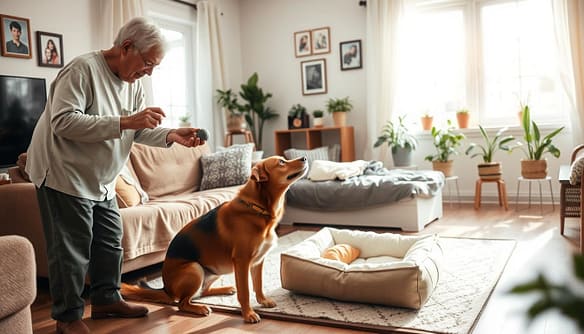 A warm and inviting living room setting, showcasing a cozy environment designed for welcoming senior pets. In the foreground, an elderly person in modest casual clothing is gently interacting with a calm senior dog, throwing a soft toy. In the middle, there’s a comfortable sofa with pet-friendly covers, adjacent to a cozy pet bed. The space is adorned with potted plants and family photos on the walls, enhancing the homey feel. In the background, a window lets in soft, natural light that creates a peaceful atmosphere, indicating a serene afternoon. The overall mood conveys warmth, compassion, and the joy of connecting seniors with loving adoptive families. The angle captures the interaction and the inviting home space harmoniously. A warm and inviting living room setting, showcasing a cozy environment designed for welcoming senior pets. In the foreground, an elderly person in modest casual clothing is gently interacting with a calm senior dog, throwing a soft toy. In the middle, there’s a comfortable sofa with pet-friendly covers, adjacent to a cozy pet bed. The space is adorned with potted plants and family photos on the walls, enhancing the homey feel. In the background, a window lets in soft, natural light that creates a peaceful atmosphere, indicating a serene afternoon. The overall mood conveys warmth, compassion, and the joy of connecting seniors with loving adoptive families. The angle captures the interaction and the inviting home space harmoniously.