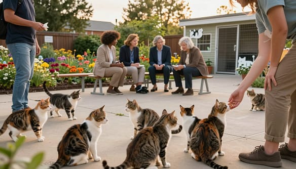 A warm, inviting scene of a community cat program in action. In the foreground, a person in modest casual clothing gently feeds a group of content, striped and calico cats, showcasing their diverse personalities. In the middle ground, a small gathering of community members—adults in professional business attire—discuss ways to help stray cats, with a backdrop of a vibrant community garden filled with colorful flowers and benches. In the background, a partnership with a local animal shelter is visible, featuring a cozy shelter structure adorned with cat-themed decorations. Soft, golden-hour lighting bathes the scene, creating a sense of community and compassion. A wide-angle perspective enhances the feeling of openness and connectivity among neighbors and their feline friends. A warm, inviting scene of a community cat program in action. In the foreground, a person in modest casual clothing gently feeds a group of content, striped and calico cats, showcasing their diverse personalities. In the middle ground, a small gathering of community members—adults in professional business attire—discuss ways to help stray cats, with a backdrop of a vibrant community garden filled with colorful flowers and benches. In the background, a partnership with a local animal shelter is visible, featuring a cozy shelter structure adorned with cat-themed decorations. Soft, golden-hour lighting bathes the scene, creating a sense of community and compassion. A wide-angle perspective enhances the feeling of openness and connectivity among neighbors and their feline friends.