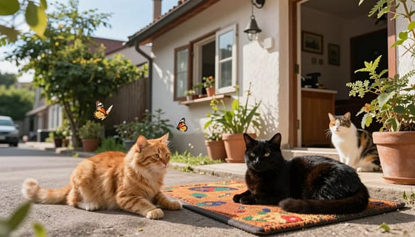 A warm, sunlit urban street scene showcasing a variety of socialized street cats lounging comfortably on a colorful doormat in front of an inviting home. In the foreground, a fluffy orange tabby cat playfully swats at a butterfly, while a sleek black cat curls contentedly beside it. The middle ground features a charming, rustic house with potted plants and open windows, hinting at a welcoming indoor space. In the background, gentle green trees sway in a light breeze under a clear blue sky, enhancing the peaceful atmosphere. Soft, diffused lighting bathes the entire scene, emphasizing a relaxed, cozy vibe. Capture this moment from a slightly low angle to emphasize the cats' playful demeanor and the warmth of their new environment.