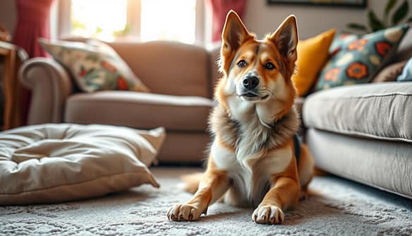 A Norwegian Lundehund, showcasing its rare six-toed paws and unique physical traits, sits attentively in a cozy living room setting. In the foreground, the dog has a warm expression, its striking, blend of soft browns and whites glistening in the soft afternoon light. The middle ground features an inviting sofa adorned with colorful cushions, emphasizing a nurturing home environment. In the background, a window reveals a serene garden bathed in natural light, suggesting an outdoor space suitable for play. The atmosphere is warm and inviting, highlighting the bond between the animal and its foster family. The image captures the essence of love and care in fostering rare breeds, inviting viewers to reflect on the joy of adoption.