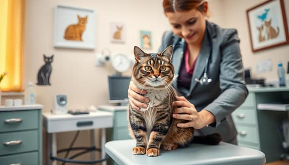 A Scottish Fold cat, known for its distinctive folded ears and round face, sits comfortably in a cozy veterinary office, surrounded by tools for health care. In the foreground, the cat is being gently examined by a compassionate veterinarian in a smart, professional outfit, showcasing a caring interaction. The middle ground features a well-organized examination table with health monitoring equipment, highlighting the focus on ear health. The background includes calming pastel-colored walls adorned with cat-themed art, creating a soothing atmosphere. Soft, natural lighting filters in through a nearby window, casting a warm glow on the scene. The overall mood is one of nurturing and professionalism, emphasizing the importance of genetic health care in Scottish Folds. A Scottish Fold cat, known for its distinctive folded ears and round face, sits comfortably in a cozy veterinary office, surrounded by tools for health care. In the foreground, the cat is being gently examined by a compassionate veterinarian in a smart, professional outfit, showcasing a caring interaction. The middle ground features a well-organized examination table with health monitoring equipment, highlighting the focus on ear health. The background includes calming pastel-colored walls adorned with cat-themed art, creating a soothing atmosphere. Soft, natural lighting filters in through a nearby window, casting a warm glow on the scene. The overall mood is one of nurturing and professionalism, emphasizing the importance of genetic health care in Scottish Folds.