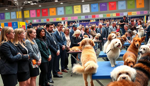 A bustling dog show scene featuring dedicated volunteers engaging with various dog breeds. In the foreground, a diverse group of volunteers, dressed in professional business attire, attentively listen to a breed expert, who is enthusiastically demonstrating grooming techniques on a fluffy golden retriever. The middle ground showcases a vibrant display of different dog breeds on grooming tables, with each volunteer focusing on a specific breed, showcasing the learning process. The background features colorful banners with breed names and excited spectators observing the event. Natural lighting illuminates the scene, creating a warm and inviting atmosphere. Capture the image from a slightly elevated angle to provide a comprehensive view of the volunteers in action, emphasizing the educational aspect of the dog show while reflecting a sense of community and purpose. A bustling dog show scene featuring dedicated volunteers engaging with various dog breeds. In the foreground, a diverse group of volunteers, dressed in professional business attire, attentively listen to a breed expert, who is enthusiastically demonstrating grooming techniques on a fluffy golden retriever. The middle ground showcases a vibrant display of different dog breeds on grooming tables, with each volunteer focusing on a specific breed, showcasing the learning process. The background features colorful banners with breed names and excited spectators observing the event. Natural lighting illuminates the scene, creating a warm and inviting atmosphere. Capture the image from a slightly elevated angle to provide a comprehensive view of the volunteers in action, emphasizing the educational aspect of the dog show while reflecting a sense of community and purpose.
