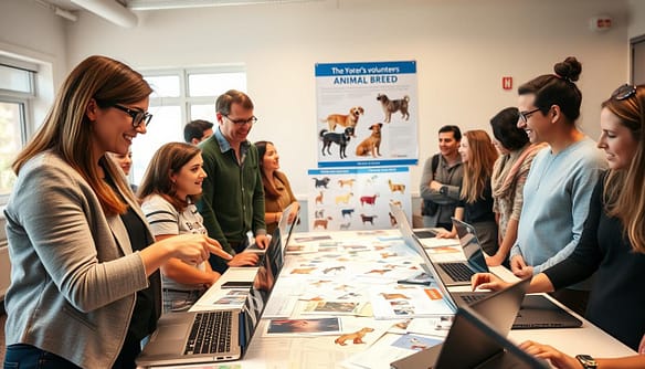 A diverse group of enthusiastic volunteers gathered around a large table covered with breed information materials and laptops, intently discussing their research on various dog breeds. In the foreground, a woman in smart casual attire is pointing to a chart while sharing insights with a man wearing glasses who is taking notes. In the middle, a few more volunteers are engaged in conversation, surrounded by colorful breed images and a large poster showing the organization’s logo on the wall. The background features a bright, airy room with large windows letting in natural light, creating a warm and inviting atmosphere. The overall mood conveys collaboration, education, and passion for animal advocacy, with soft lighting enhancing the friendliness of the scene.