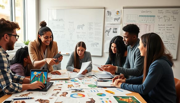 A diverse group of students is engaged in an animated discussion around a large table cluttered with charts, graphs, and images of various animal breeds. In the foreground, a young woman in professional attire points to a colorful data visualization on her laptop screen. The middle ground features students, both male and female, analyzing papers and sharing their findings, showcasing teamwork and collaboration. The background includes a whiteboard filled with diagrams and notes about animal advocacy, illuminated by soft, natural lighting coming from large windows. The atmosphere is energetic and focused, showcasing the intersection of education and animal welfare through research. The composition should feel inviting and inspiring, reflecting the importance of academic credit in wildlife advocacy efforts. A diverse group of students is engaged in an animated discussion around a large table cluttered with charts, graphs, and images of various animal breeds. In the foreground, a young woman in professional attire points to a colorful data visualization on her laptop screen. The middle ground features students, both male and female, analyzing papers and sharing their findings, showcasing teamwork and collaboration. The background includes a whiteboard filled with diagrams and notes about animal advocacy, illuminated by soft, natural lighting coming from large windows. The atmosphere is energetic and focused, showcasing the intersection of education and animal welfare through research. The composition should feel inviting and inspiring, reflecting the importance of academic credit in wildlife advocacy efforts.
