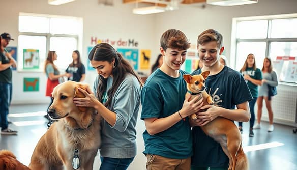 A group of enthusiastic teen volunteers is actively engaged in a bright, airy animal shelter, focusing on dog breed specialization. In the foreground, two teenagers, a girl and a boy, are gently grooming and caring for a specific breed, such as a Golden Retriever and a Chihuahua, showcasing their responsibilities. The middle ground features additional volunteers sharing knowledge about breed characteristics, standing near colorful breed information boards. The background shows a clean, well-organized shelter with soft sunlight streaming through large windows, creating a warm and inviting atmosphere. The mood is upbeat and collaborative, emphasizing teamwork and dedication to animal welfare. The scene is captured from a slightly elevated angle, highlighting both the volunteers’ interactions and the breeds they specialize in. A group of enthusiastic teen volunteers is actively engaged in a bright, airy animal shelter, focusing on dog breed specialization. In the foreground, two teenagers, a girl and a boy, are gently grooming and caring for a specific breed, such as a Golden Retriever and a Chihuahua, showcasing their responsibilities. The middle ground features additional volunteers sharing knowledge about breed characteristics, standing near colorful breed information boards. The background shows a clean, well-organized shelter with soft sunlight streaming through large windows, creating a warm and inviting atmosphere. The mood is upbeat and collaborative, emphasizing teamwork and dedication to animal welfare. The scene is captured from a slightly elevated angle, highlighting both the volunteers’ interactions and the breeds they specialize in.