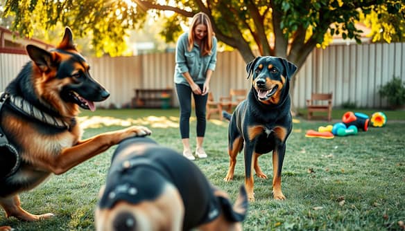 A heartwarming scene of a German Shepherd and a Rottweiler in a foster rehabilitation setting. In the foreground, the two dogs are interacting playfully on a grassy area, showcasing their working breed traits—muscular build and attentive expressions. In the middle ground, a compassionate human trainer is gently guiding them, dressed in casual attire that suggests warmth and support. The background features a cozy outdoor foster environment, with colorful dog toys and a shaded area under trees, creating a welcoming atmosphere. Soft, golden afternoon light filters through the leaves, casting gentle shadows. The mood is uplifting and hopeful, capturing the essence of rehabilitation and learning in a supportive, nurturing atmosphere. A heartwarming scene of a German Shepherd and a Rottweiler in a foster rehabilitation setting. In the foreground, the two dogs are interacting playfully on a grassy area, showcasing their working breed traits—muscular build and attentive expressions. In the middle ground, a compassionate human trainer is gently guiding them, dressed in casual attire that suggests warmth and support. The background features a cozy outdoor foster environment, with colorful dog toys and a shaded area under trees, creating a welcoming atmosphere. Soft, golden afternoon light filters through the leaves, casting gentle shadows. The mood is uplifting and hopeful, capturing the essence of rehabilitation and learning in a supportive, nurturing atmosphere.