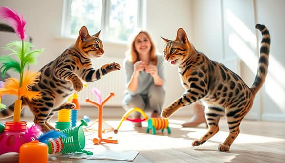 A lively Bengal cat, showcasing its distinctive spotted coat and vibrant energy, engages in a playful rehabilitation session in a bright, spacious room. In the foreground, the cat leaps energetically towards a colorful assortment of interactive toys, including feather wands and climbing structures, demonstrating its playful nature. In the middle, a gentle caretaker, dressed in casual but modest clothing, encourages the cat with a soft smile, offering a treat. The background features a sunny window with greenery outside, enhancing the warm and inviting atmosphere. The lighting is bright and natural, casting soft shadows, while the angle captures the dynamic movement of the cat, symbolizing the challenges and joys of fostering high-energy breeds. The scene evokes a sense of hope, enrichment, and companionship. A lively Bengal cat, showcasing its distinctive spotted coat and vibrant energy, engages in a playful rehabilitation session in a bright, spacious room. In the foreground, the cat leaps energetically towards a colorful assortment of interactive toys, including feather wands and climbing structures, demonstrating its playful nature. In the middle, a gentle caretaker, dressed in casual but modest clothing, encourages the cat with a soft smile, offering a treat. The background features a sunny window with greenery outside, enhancing the warm and inviting atmosphere. The lighting is bright and natural, casting soft shadows, while the angle captures the dynamic movement of the cat, symbolizing the challenges and joys of fostering high-energy breeds. The scene evokes a sense of hope, enrichment, and companionship.