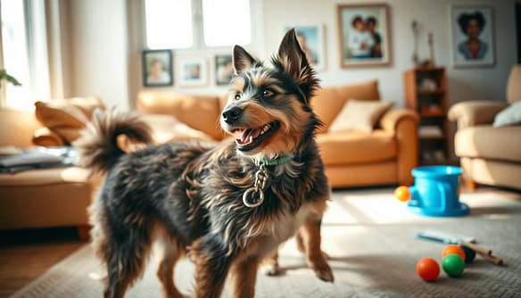 A lively Mudi dog, showcasing its unique intelligence and energy, stands alert in a bright, sunlit living room. In the foreground, the dog, with its distinctive curly coat and expressive eyes, is engaged in a playful activity with a colorful toy. In the middle ground, a warm-toned couch with soft cushions and scattered dog training materials suggests a nurturing environment. The background features cheerful family photographs on the walls, highlighting a loving home atmosphere. Soft, natural light streams through a nearby window, casting gentle shadows that add depth. The overall mood is joyful and inviting, capturing the essence of the Mudi's playful spirit and intelligence within a familial setting. A lively Mudi dog, showcasing its unique intelligence and energy, stands alert in a bright, sunlit living room. In the foreground, the dog, with its distinctive curly coat and expressive eyes, is engaged in a playful activity with a colorful toy. In the middle ground, a warm-toned couch with soft cushions and scattered dog training materials suggests a nurturing environment. The background features cheerful family photographs on the walls, highlighting a loving home atmosphere. Soft, natural light streams through a nearby window, casting gentle shadows that add depth. The overall mood is joyful and inviting, capturing the essence of the Mudi's playful spirit and intelligence within a familial setting.