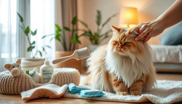 A serene home environment focusing on daily care for a Persian cat, showcasing a gentle person's hands lovingly grooming the fluffy, flat-faced feline. In the foreground, the cat is being brushed with a soft brush, highlighting its long, luxurious fur. The middle ground features a cozy cat bed and a selection of grooming supplies artfully arranged, such as cat-friendly wipes and gentle shampoo. In the background, warm, soft lighting creates a calming atmosphere, illuminating a window with light filtering through sheer curtains. A few house plants add life to the scene. The overall mood is peaceful and nurturing, emphasizing the importance of care and attention for the health of Persian cats.