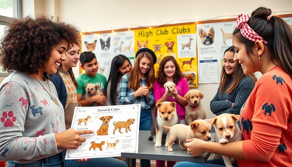 A vibrant high school animal club meeting in action, showcasing diverse teens educating each other about various dog and cat breeds. In the foreground, two enthusiastic students, one with curly hair and the other with a headband, are engaged in a lively discussion, pointing at colorful breed charts and illustrations. The middle layer features a diverse group of students interacting with adorable puppies and kittens, emphasizing the hands-on experience. In the background, a bulletin board displays posters of breed characteristics and club achievements, decorated with string lights for a warm atmosphere. Soft, natural lighting streams in through large windows, creating an inviting ambiance. The scene captures a spirit of camaraderie, learning, and enthusiasm for animal advocacy.