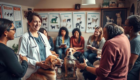 A warm, inviting community setting showcasing a small gathering of diverse individuals engaged in discussions about fostering rescue pets. In the foreground, a friendly woman in professional attire is showing a few breed-specific dogs, illustrating her passion and expertise. The middle ground features people of varied backgrounds attentively listening, some taking notes, while others interact with the dogs, creating a bond. In the background, a cozy room filled with educational materials, posters highlighting different dog breeds, and a welcoming atmosphere. Soft, natural lighting floods the scene, casting gentle shadows. The composition is heartwarming and focused, evoking a sense of collaboration and commitment to animal welfare, with an emphasis on the importance of breed knowledge in fostering.