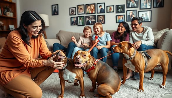 A warm, inviting scene featuring a diverse group of individuals interacting joyfully with several pit bull type dogs in a cozy living room. In the foreground, a smiling woman in modest casual clothing is kneeling to pet a playful pit bull, showcasing affection and connection. In the middle ground, two children gently holding a leash and giggling with excitement, while another foster participant sits nearby on the couch, sharing stories about their experiences with pit bulls. The background includes a comfortably furnished room with soft lighting, creating a relaxed atmosphere, with photographs of previous fosters displayed. The overall mood is uplifting, demonstrating the love, loyalty, and joyful nature of pit bull type dogs while challenging common stereotypes. The image is captured from a slightly elevated angle, providing a comprehensive view of the heartwarming interactions. A warm, inviting scene featuring a diverse group of individuals interacting joyfully with several pit bull type dogs in a cozy living room. In the foreground, a smiling woman in modest casual clothing is kneeling to pet a playful pit bull, showcasing affection and connection. In the middle ground, two children gently holding a leash and giggling with excitement, while another foster participant sits nearby on the couch, sharing stories about their experiences with pit bulls. The background includes a comfortably furnished room with soft lighting, creating a relaxed atmosphere, with photographs of previous fosters displayed. The overall mood is uplifting, demonstrating the love, loyalty, and joyful nature of pit bull type dogs while challenging common stereotypes. The image is captured from a slightly elevated angle, providing a comprehensive view of the heartwarming interactions.