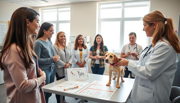 A warm, inviting scene in a veterinary clinic classroom setting where a diverse group of volunteers is gathered for an educational session. In the foreground, a female veterinarian in a white lab coat is demonstrating how to examine a dog, with a focus on breed-specific health issues. The volunteers, dressed in modest casual clothing, watch attentively, taking notes and asking questions. In the middle ground, a table is spread with educational materials, including charts of various dog breeds and their health profiles. The background features bright, natural light filtering through windows, illuminating the space and creating a friendly, supportive atmosphere. The image has a slight depth of field, with the focus on the instructor and participants, conveying a sense of engagement and learning. A warm, inviting scene in a veterinary clinic classroom setting where a diverse group of volunteers is gathered for an educational session. In the foreground, a female veterinarian in a white lab coat is demonstrating how to examine a dog, with a focus on breed-specific health issues. The volunteers, dressed in modest casual clothing, watch attentively, taking notes and asking questions. In the middle ground, a table is spread with educational materials, including charts of various dog breeds and their health profiles. The background features bright, natural light filtering through windows, illuminating the space and creating a friendly, supportive atmosphere. The image has a slight depth of field, with the focus on the instructor and participants, conveying a sense of engagement and learning.
