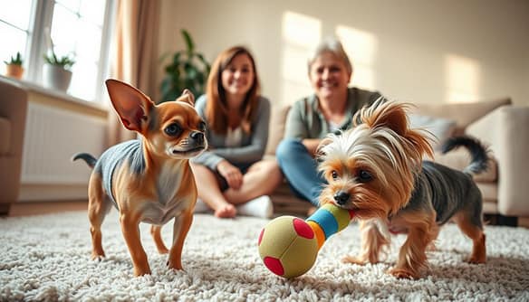 In a cozy, sunlit living room, a small Chihuahua and a Yorkshire Terrier are playfully interacting on a plush rug. In the foreground, the Chihuahua has a confident pose, with its ears perked up and a curious expression, showcasing its lively personality. The Yorkie, with its silky fur, is tugging on a colorful toy, exuding playful energy. In the middle ground, a friendly foster caregiver, dressed in smart casual clothing, smiles gently at the dogs, giving a nurturing vibe. In the background, soft pastel walls and a few potted plants enhance the warm, welcoming atmosphere, with soft, diffused lighting creating a sense of comfort and joy. The scene captures the essence of small breed fostering, emphasizing the unique characteristics and surprises of these lovable companions. In a cozy, sunlit living room, a small Chihuahua and a Yorkshire Terrier are playfully interacting on a plush rug. In the foreground, the Chihuahua has a confident pose, with its ears perked up and a curious expression, showcasing its lively personality. The Yorkie, with its silky fur, is tugging on a colorful toy, exuding playful energy. In the middle ground, a friendly foster caregiver, dressed in smart casual clothing, smiles gently at the dogs, giving a nurturing vibe. In the background, soft pastel walls and a few potted plants enhance the warm, welcoming atmosphere, with soft, diffused lighting creating a sense of comfort and joy. The scene captures the essence of small breed fostering, emphasizing the unique characteristics and surprises of these lovable companions.