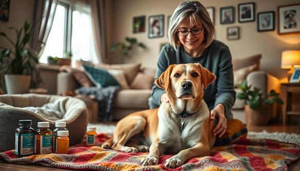 A compassionate scene depicting a warm and supportive environment focused on the care of a foster dog with epilepsy. In the foreground, a gentle, medium-sized breed dog sits comfortably on a soft, colorful blanket, its eyes bright and trusting. The dog is surrounded by various seizure management supplies, such as medication bottles and a cozy pet bed. In the middle ground, a caregiver, a middle-aged person in modest casual clothing, kneels beside the dog, offering comfort and attention, with a reassuring smile. The background features a cozy living room with warm lighting, emphasizing a safe and nurturing atmosphere, accentuated by house plants and family photos. The composition creates a heartwarming mood, highlighting the bond between the caregiver and the foster dog, illustrating the importance of compassion in managing breed-specific health challenges. A compassionate scene depicting a warm and supportive environment focused on the care of a foster dog with epilepsy. In the foreground, a gentle, medium-sized breed dog sits comfortably on a soft, colorful blanket, its eyes bright and trusting. The dog is surrounded by various seizure management supplies, such as medication bottles and a cozy pet bed. In the middle ground, a caregiver, a middle-aged person in modest casual clothing, kneels beside the dog, offering comfort and attention, with a reassuring smile. The background features a cozy living room with warm lighting, emphasizing a safe and nurturing atmosphere, accentuated by house plants and family photos. The composition creates a heartwarming mood, highlighting the bond between the caregiver and the foster dog, illustrating the importance of compassion in managing breed-specific health challenges.