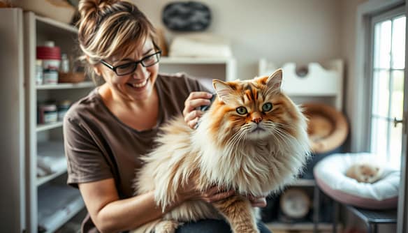 A compassionate volunteer gently grooming a fluffy Persian cat, situated in a cozy rescue center. In the foreground, focus on the volunteer, a middle-aged woman wearing modest casual clothes, smiling as she carefully brushes the cat's long, luxurious fur. The Persian cat, with its round face and expressive eyes, sits comfortably in her lap, clearly enjoying the attention. In the middle background, shelves filled with grooming supplies and soft cat beds create an inviting atmosphere. Soft, natural lighting filters in through a nearby window, casting a warm glow over the scene. The overall mood is serene and nurturing, showcasing the love and care involved in breed-specific rescue work. The camera angle is slightly overhead, emphasizing the connection between the volunteer and the cat. A compassionate volunteer gently grooming a fluffy Persian cat, situated in a cozy rescue center. In the foreground, focus on the volunteer, a middle-aged woman wearing modest casual clothes, smiling as she carefully brushes the cat's long, luxurious fur. The Persian cat, with its round face and expressive eyes, sits comfortably in her lap, clearly enjoying the attention. In the middle background, shelves filled with grooming supplies and soft cat beds create an inviting atmosphere. Soft, natural lighting filters in through a nearby window, casting a warm glow over the scene. The overall mood is serene and nurturing, showcasing the love and care involved in breed-specific rescue work. The camera angle is slightly overhead, emphasizing the connection between the volunteer and the cat.