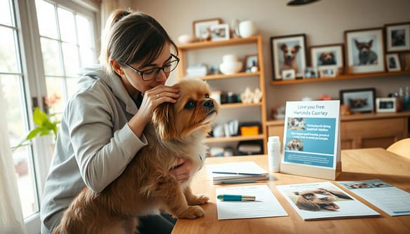 A cozy foster home interior, featuring a warm atmosphere filled with soft natural light streaming in through a large window. In the foreground, a compassionate foster caregiver gently examines the eyes of a small dog with an eye condition, highlighting the caring bond between them. The dog's coat is fluffy and expressive, capturing the essence of its breed. In the middle, a well-organized table displays eye care tools, medication, and pamphlets on managing Progressive Retinal Atrophy and cataracts, emphasizing the educational aspect of the caregiving. In the background, shelves lined with pet supplies and framed photos of the dog’s journey create a nurturing environment. The overall mood is hopeful and supportive, showcasing the importance of eye condition management in a loving foster home. Soft focus adds a touch of warmth while maintaining clarity on the caregiver and the dog. A cozy foster home interior, featuring a warm atmosphere filled with soft natural light streaming in through a large window. In the foreground, a compassionate foster caregiver gently examines the eyes of a small dog with an eye condition, highlighting the caring bond between them. The dog's coat is fluffy and expressive, capturing the essence of its breed. In the middle, a well-organized table displays eye care tools, medication, and pamphlets on managing Progressive Retinal Atrophy and cataracts, emphasizing the educational aspect of the caregiving. In the background, shelves lined with pet supplies and framed photos of the dog’s journey create a nurturing environment. The overall mood is hopeful and supportive, showcasing the importance of eye condition management in a loving foster home. Soft focus adds a touch of warmth while maintaining clarity on the caregiver and the dog.
