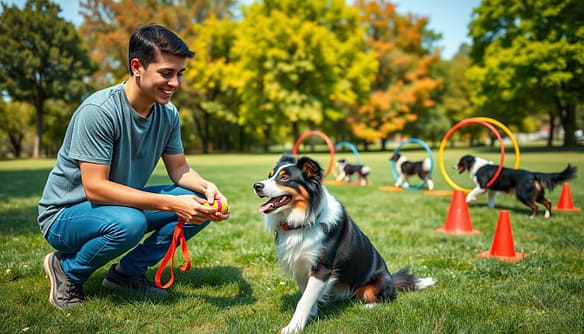 A dedicated volunteer is engaging a playful Border Collie in a lush, green park, surrounded by colorful agility equipment designed for mental stimulation. The foreground features the volunteer, a young adult dressed in a modest casual t-shirt and jeans, kneeling with a focused expression as they teach the dog a new trick using a colorful toy. In the middle ground, other Border Collies can be seen jumping through hoops and weaving around cones, showcasing their agility and intelligence. The background features vibrant trees and a clear blue sky, creating a warm and inviting atmosphere. Soft, natural lighting highlights the scene, casting gentle shadows on the grass, with a slight emphasis on action as the camera angle captures the dog's enthusiastic movement. The overall mood is uplifting and energetic, emphasizing the bond between humans and these intelligent dogs. A dedicated volunteer is engaging a playful Border Collie in a lush, green park, surrounded by colorful agility equipment designed for mental stimulation. The foreground features the volunteer, a young adult dressed in a modest casual t-shirt and jeans, kneeling with a focused expression as they teach the dog a new trick using a colorful toy. In the middle ground, other Border Collies can be seen jumping through hoops and weaving around cones, showcasing their agility and intelligence. The background features vibrant trees and a clear blue sky, creating a warm and inviting atmosphere. Soft, natural lighting highlights the scene, casting gentle shadows on the grass, with a slight emphasis on action as the camera angle captures the dog's enthusiastic movement. The overall mood is uplifting and energetic, emphasizing the bond between humans and these intelligent dogs.