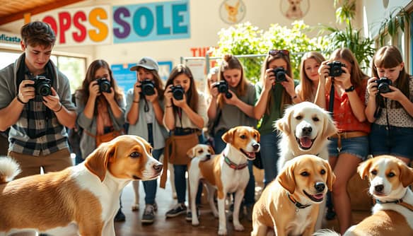 A group of high school students gathers in a sunny, vibrant animal shelter, each holding a camera, eagerly capturing photographs of various rescue dogs. In the foreground, a diverse mix of students, dressed in casual, modest clothing, attentively focus on a playful mixed-breed puppy. The middle ground features several shelter dogs of different breeds—Golden Retrievers, Beagles, and a small Poodle—interacting with volunteers and each other, embodying the essence of breed diversity. The background showcases colorful shelter signage and lush greenery, with soft sunlight illuminating the scene, creating a warm and inviting atmosphere. The photograph is taken at a slight angle, emphasizing the students' initiative and joy in documenting these animals. A feeling of compassion and hope permeates the image, celebrating the bond between students and rescue dogs.
