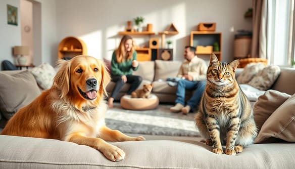 A serene living room depicting a harmonious multi-pet household. In the foreground, a friendly Golden Retriever and an inquisitive tabby cat are sitting together on a comfy couch, showcasing their compatibility. In the middle, a caring foster family of two adults, dressed in modest casual clothing, interact playfully with their pets, offering treats and toys. In the background, cozy pet accessories like beds, scratching posts, and toys are visible, symbolizing a welcoming environment. Natural light streams through a large window, casting soft shadows and creating a warm, inviting atmosphere. The scene conveys a sense of peace and contentment, illustrating effective integration strategies for diverse pet breeds. A serene living room depicting a harmonious multi-pet household. In the foreground, a friendly Golden Retriever and an inquisitive tabby cat are sitting together on a comfy couch, showcasing their compatibility. In the middle, a caring foster family of two adults, dressed in modest casual clothing, interact playfully with their pets, offering treats and toys. In the background, cozy pet accessories like beds, scratching posts, and toys are visible, symbolizing a welcoming environment. Natural light streams through a large window, casting soft shadows and creating a warm, inviting atmosphere. The scene conveys a sense of peace and contentment, illustrating effective integration strategies for diverse pet breeds.
