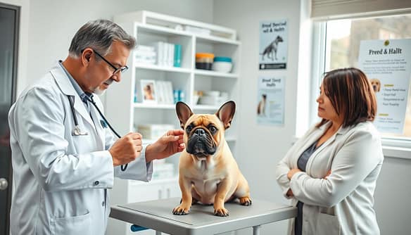 A veterinarian in a crisp white lab coat gently examining a flat-faced brachycephalic dog, such as a French Bulldog or Pug, in a bright, well-lit clinic. The foreground features the veterinarian, who is focused and caring, with tools for a respiratory examination, like a stethoscope, in hand. In the middle, the dog sits on an examination table, looking comfortable, while its owner, dressed in modest casual clothing, watches with concern. The background includes shelves filled with veterinary supplies and posters about breed-specific health. The atmosphere is calm and professional, with soft natural lighting streaming through a window, creating a sense of warmth and compassion in the space.