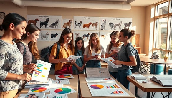 A vibrant and informative scene depicting a community survey project focused on local breed preference. In the foreground, a diverse group of teenage volunteers, dressed in modest casual clothing, are enthusiastically engaged in discussing survey data over colorful charts and graphs, surrounded by images of various animal breeds. In the middle ground, there are tables with surveys spread out, showcasing data visualization elements like pie charts and bar graphs. The background features a bright and inviting community center with posters of local breeds, emphasizing education and awareness. Soft, natural lighting streams through large windows, casting warm shadows, and creating an inviting atmosphere suited for scientific exploration. The overall mood is energetic, collaborative, and educational, highlighting the youth-led initiative in animal science. A vibrant and informative scene depicting a community survey project focused on local breed preference. In the foreground, a diverse group of teenage volunteers, dressed in modest casual clothing, are enthusiastically engaged in discussing survey data over colorful charts and graphs, surrounded by images of various animal breeds. In the middle ground, there are tables with surveys spread out, showcasing data visualization elements like pie charts and bar graphs. The background features a bright and inviting community center with posters of local breeds, emphasizing education and awareness. Soft, natural lighting streams through large windows, casting warm shadows, and creating an inviting atmosphere suited for scientific exploration. The overall mood is energetic, collaborative, and educational, highlighting the youth-led initiative in animal science.